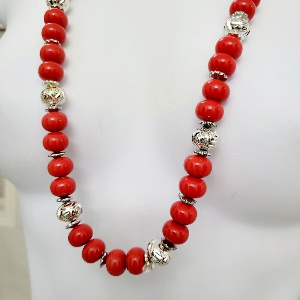2/$20 Vintage Red & Silver Long Necklace Length: 30.5" - Picture 3 of 9